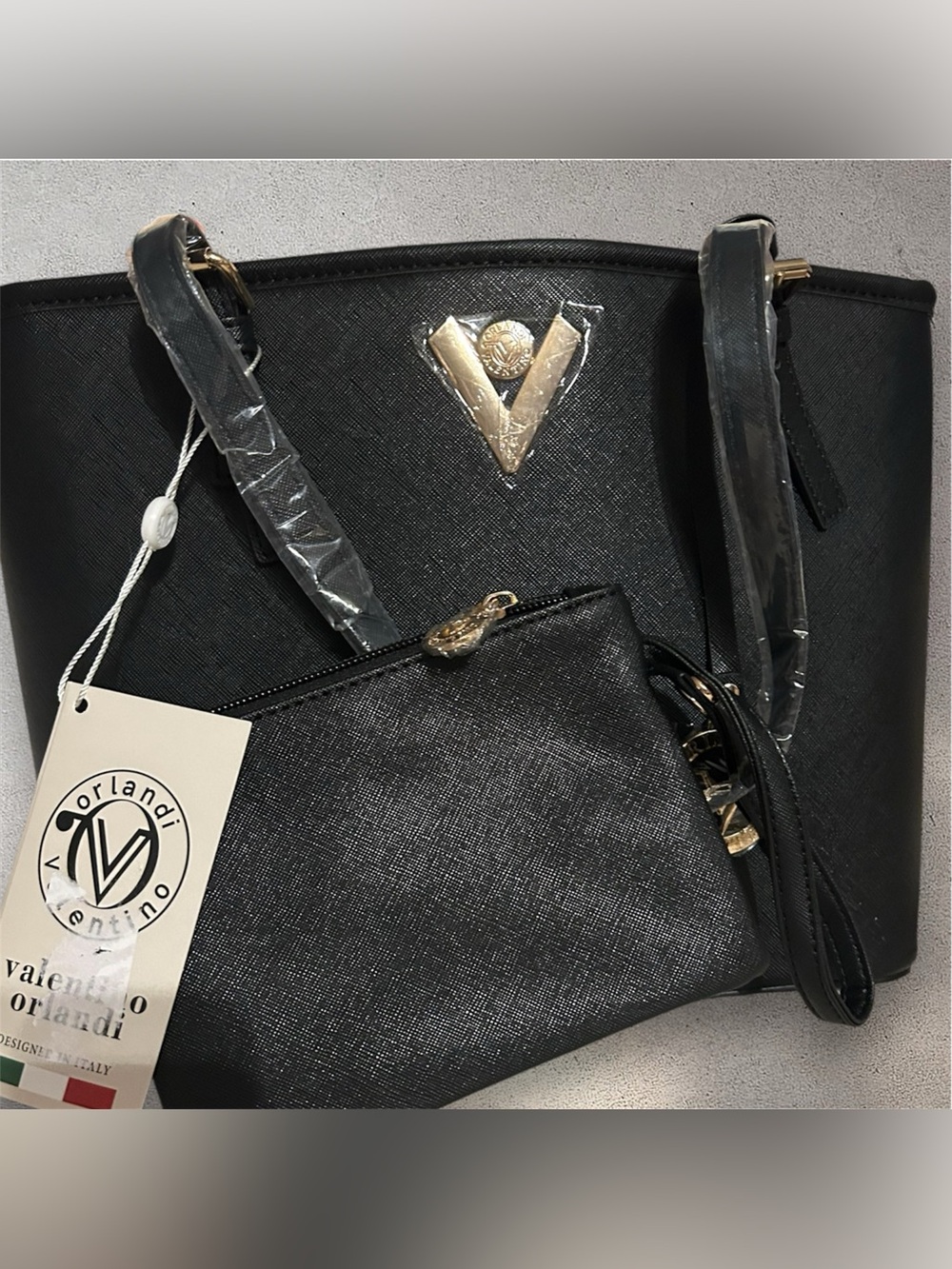 Valentino Orlandi Black Women's Tote with Matching Pouch - Gold Accents